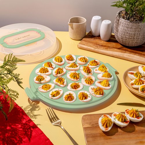 Crafted Containers Deviled Egg Carrier with Lid & Handles, 22-Count Portable Tray, Dishwasher-Safe – Green