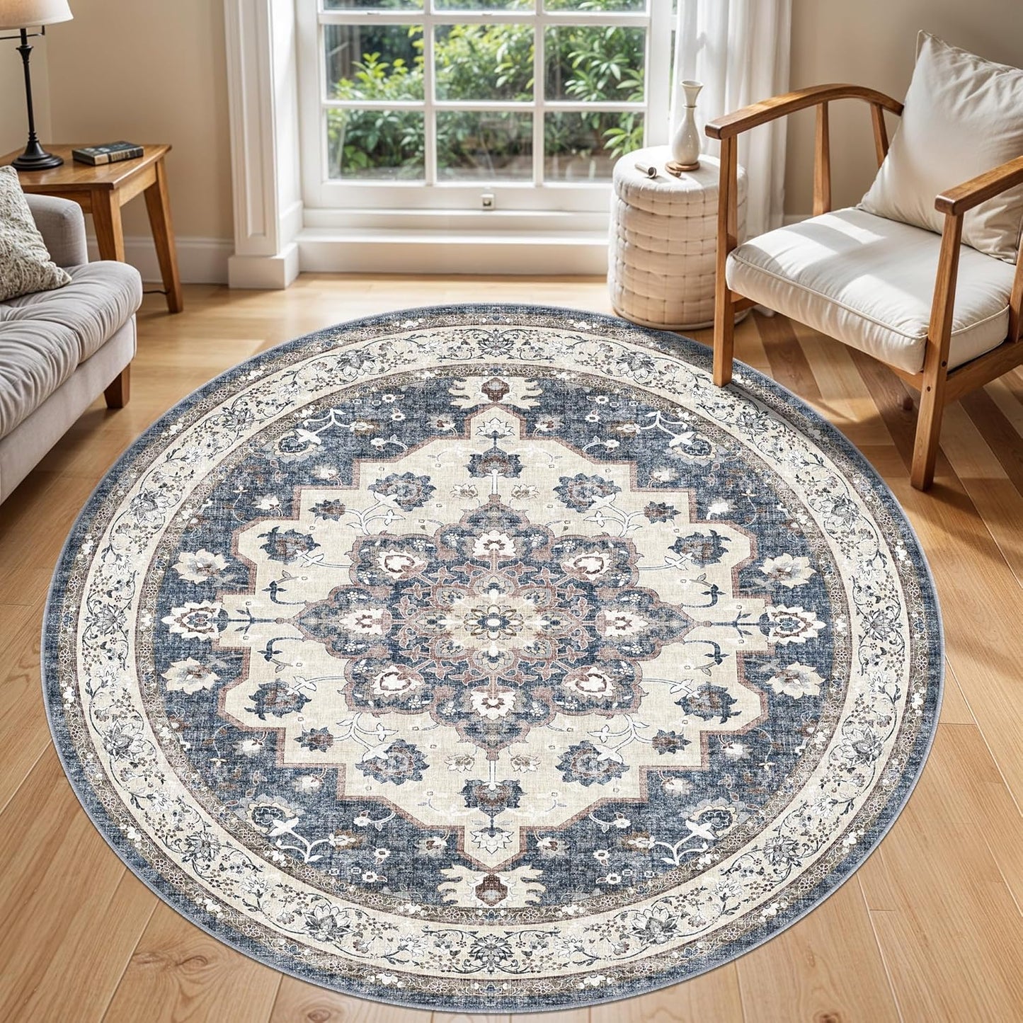 Skiennix Washable Circle Rug - 6ft Round Indoor Carpet | Ultra Thin, Water Resistant, Floral Design in Blue