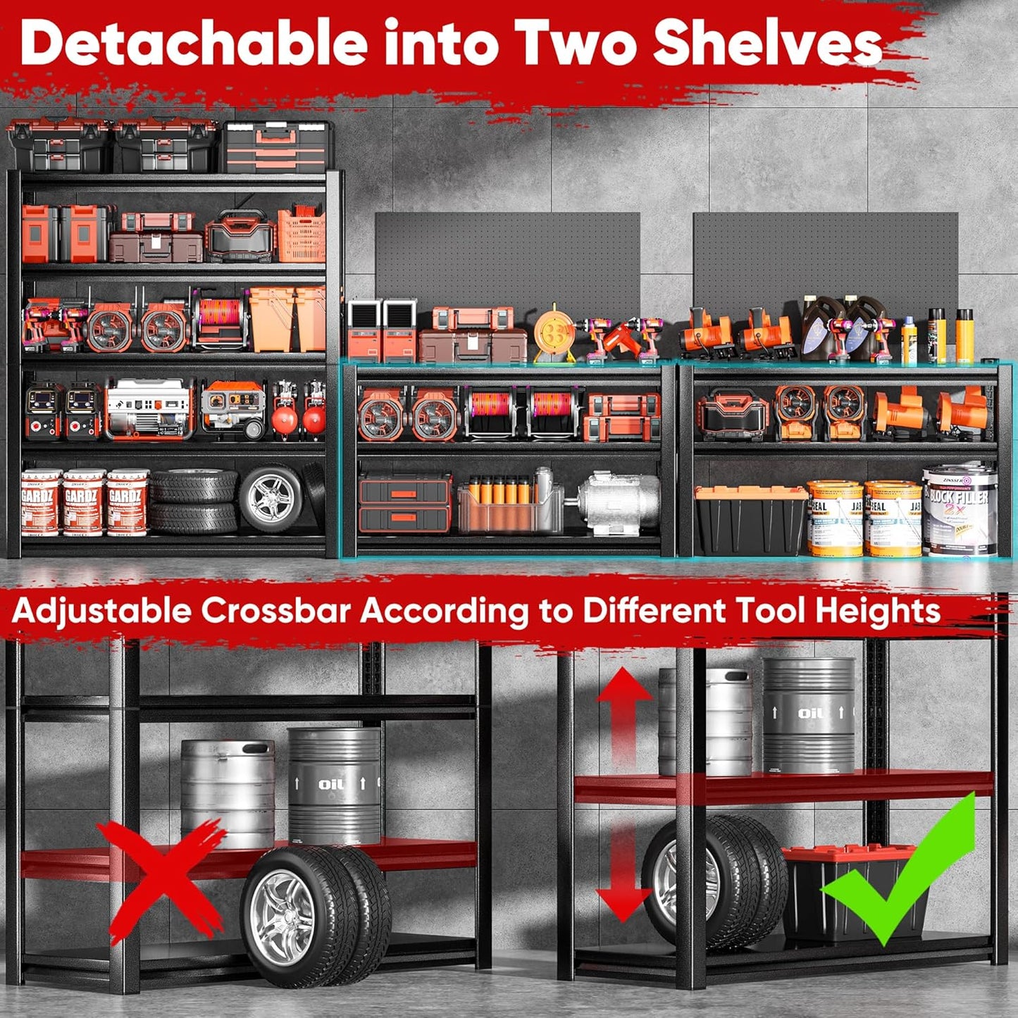 POKIPO Heavy-Duty Garage Shelving - 72"H x 47.2"W x 23.6"D | 5-Tier Adjustable Metal Storage Rack, 3500LBS Capacity