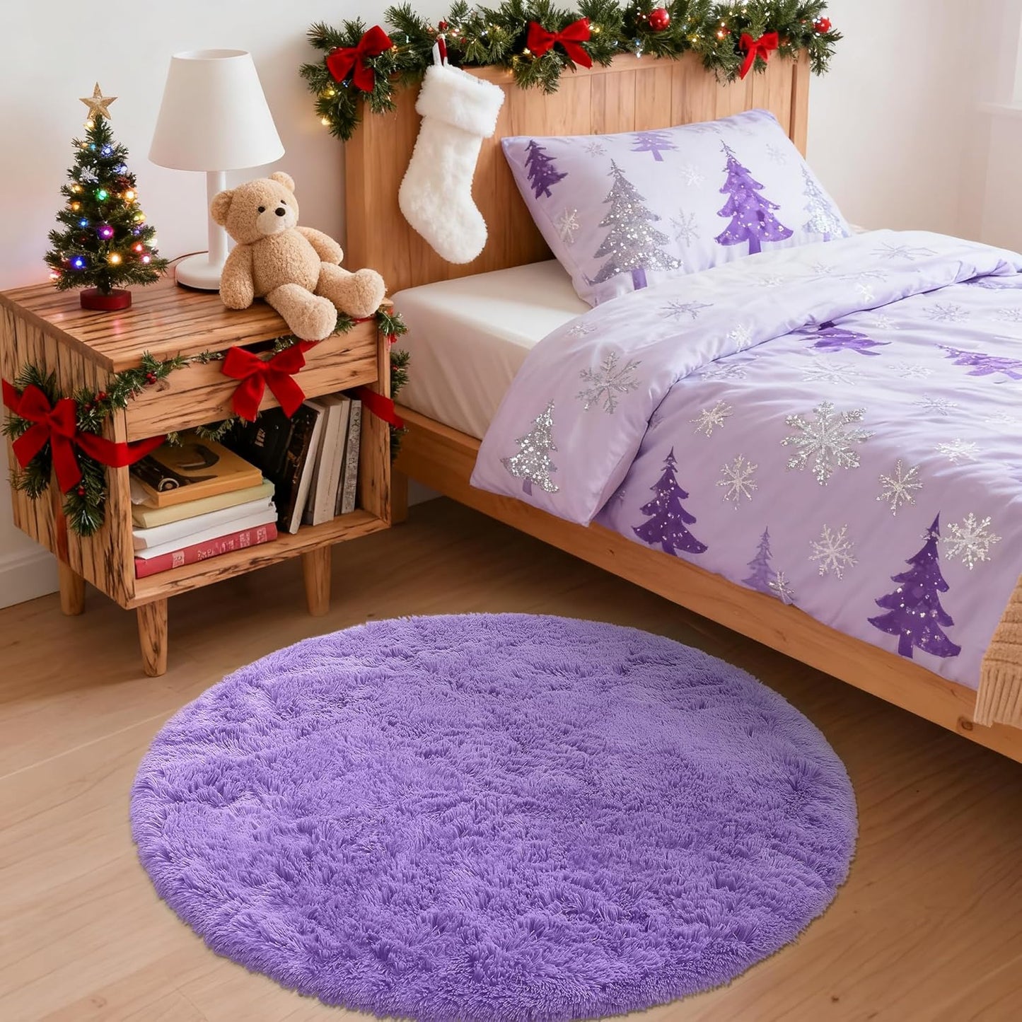 OLANLY Purple Round Area Rug - Soft & Fluffy Shaggy Carpet, 3 ft Circle for Bedroom & Living Room Decor