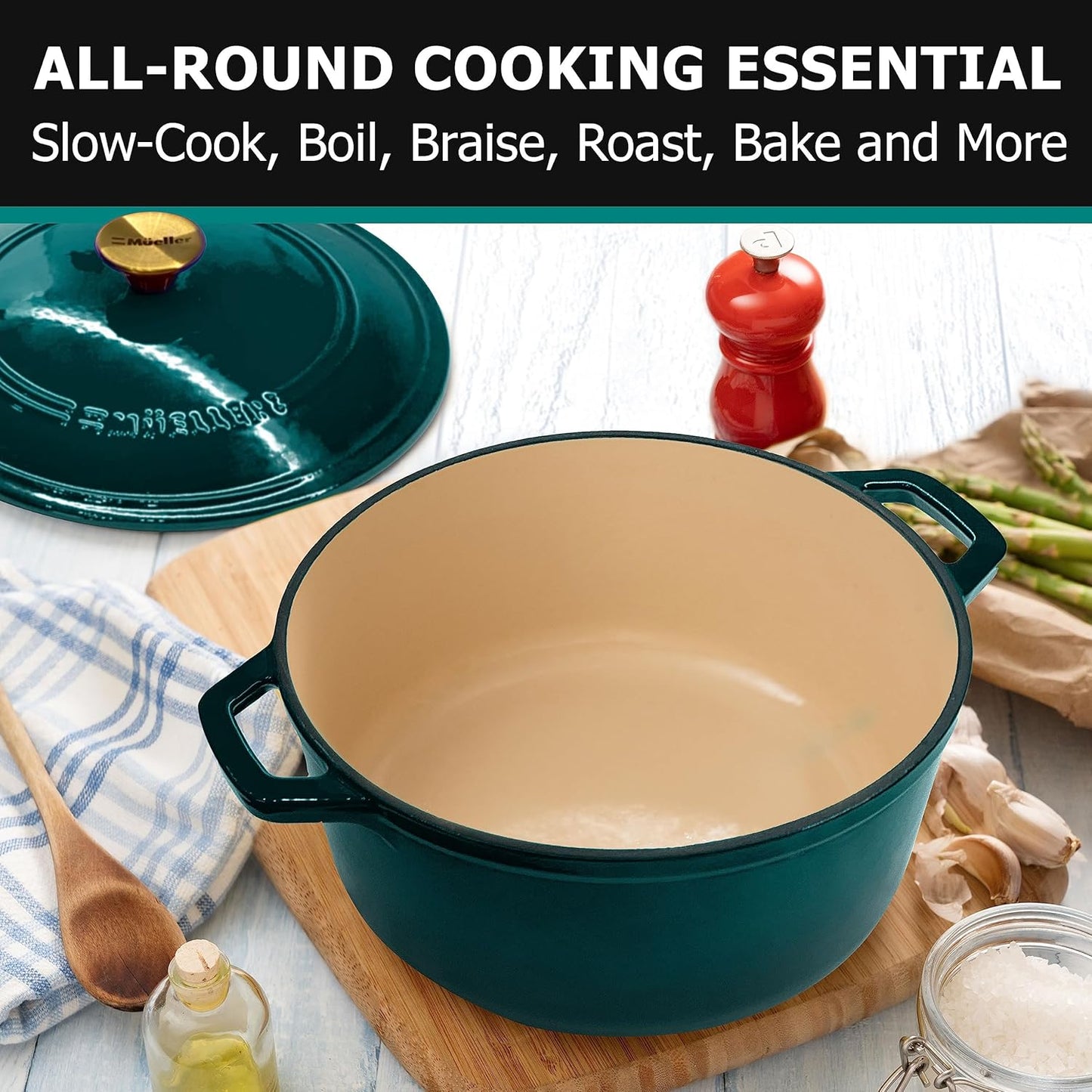 Mueller DuraCast Dutch Oven Pot - 6 Quart Enameled Cast Iron for Sourdough Baking | PFOA-Free, 500°F Oven Safe, Emerald