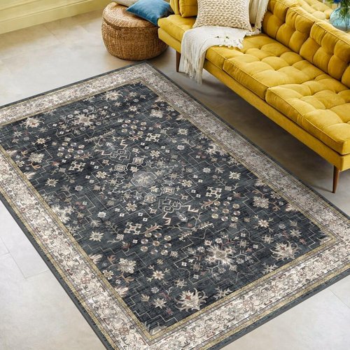 Black Modern Farmhouse Area Rug | 5x8 Boho Living Room Carpet - Washable, Non-Slip & Stain Resistant