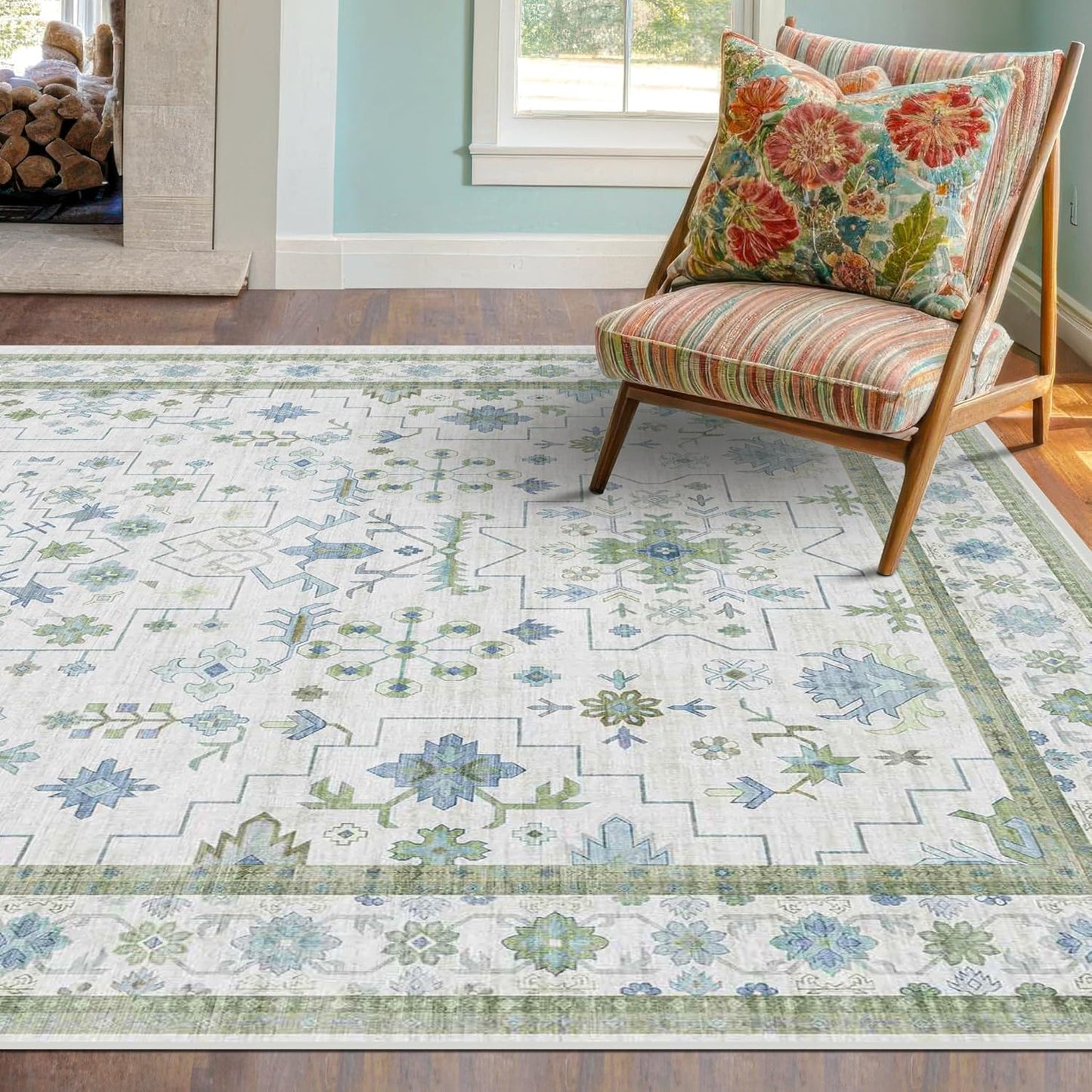 Oushak 4x6 Boho Pastel Rug - Low Pile Non-Slip, Stain Resistant Throw for Living Room & Entryway