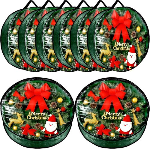 Dunzy Christmas Wreath Storage Bag - 8 Pieces Tear-Resistant Fabric with Clear Window | 24x24x7.8 Inch, Green