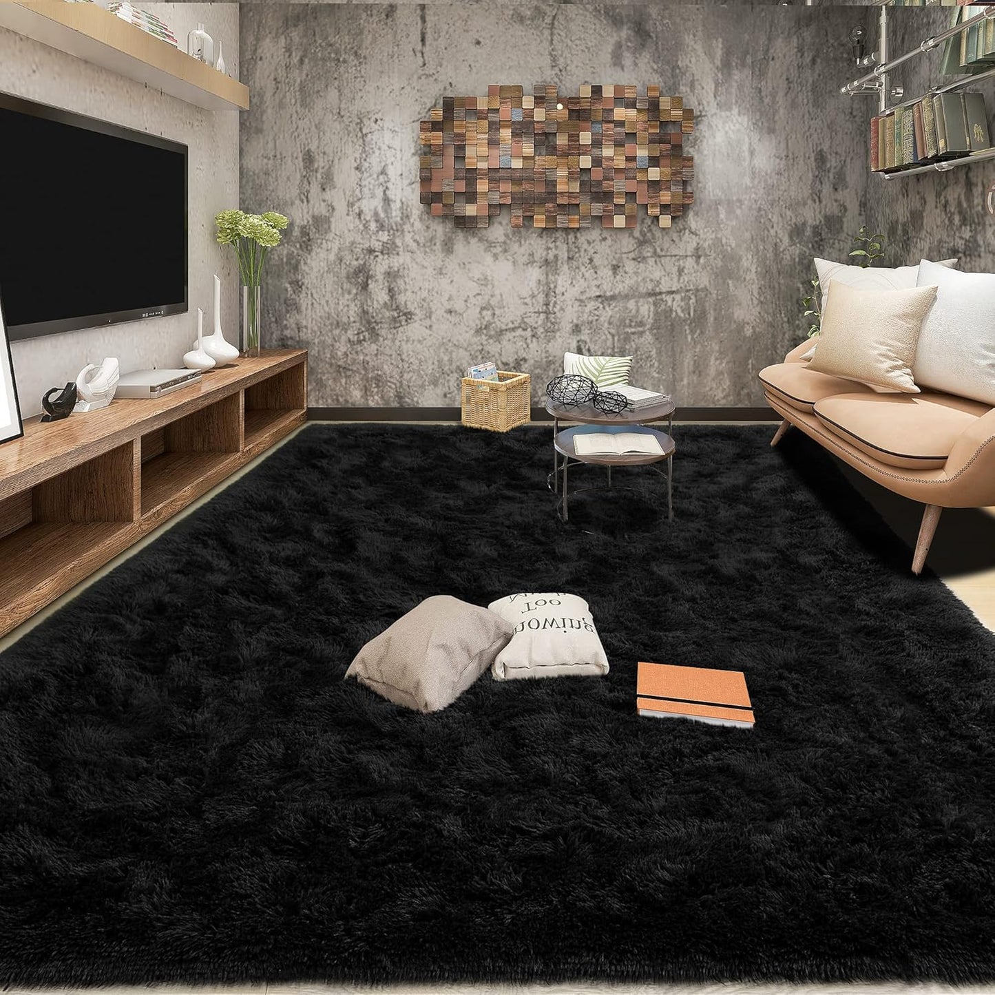 Tepook Super Soft Fluffy Rug - Modern Shaggy Fuzzy Indoor Carpet | Non-Slip, Black, 4 x 6 Feet