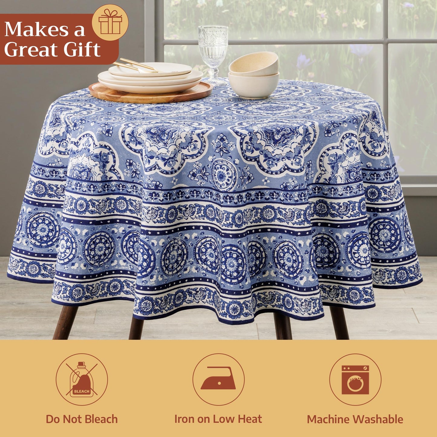 Maison d' Hermine Table Cloth Round Table 100% Cotton 69 Round Inches Tablecloth Reusable Decorative for Dining Kitchen Room Farmhouse Home Gifts for Mothers Day Spring Summer - Melodie Bleue