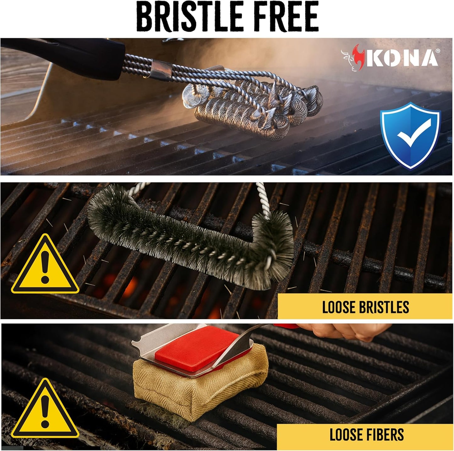 Kona Safe/Clean Grill Brush - Bristle-Free BBQ Cleaner | 100% Rust Resistant Stainless Steel for All Grills