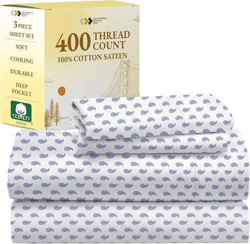 California Design Den Twin Sheet Set - 400 Thread Count Sateen, 100% Cotton, Durable Bedding - Paisley Blue