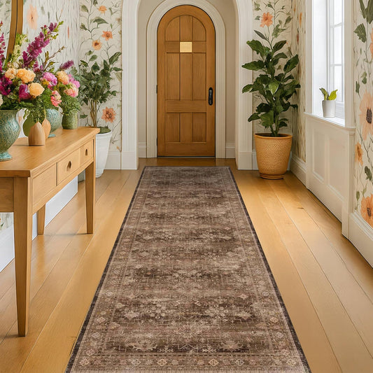Regine Switzerland Brown Washable Runner Rug - Non-Slip Rubber Backing | 2'6"x8' for Hallways & Entryways