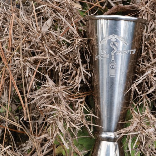In High Spirits Japanese Jigger - 2oz/1oz Stainless Steel Cocktail Jigger with 8 Interior Measurements - Durable, Professional Grade Bartending Tool for Home Bar & Commercial Use