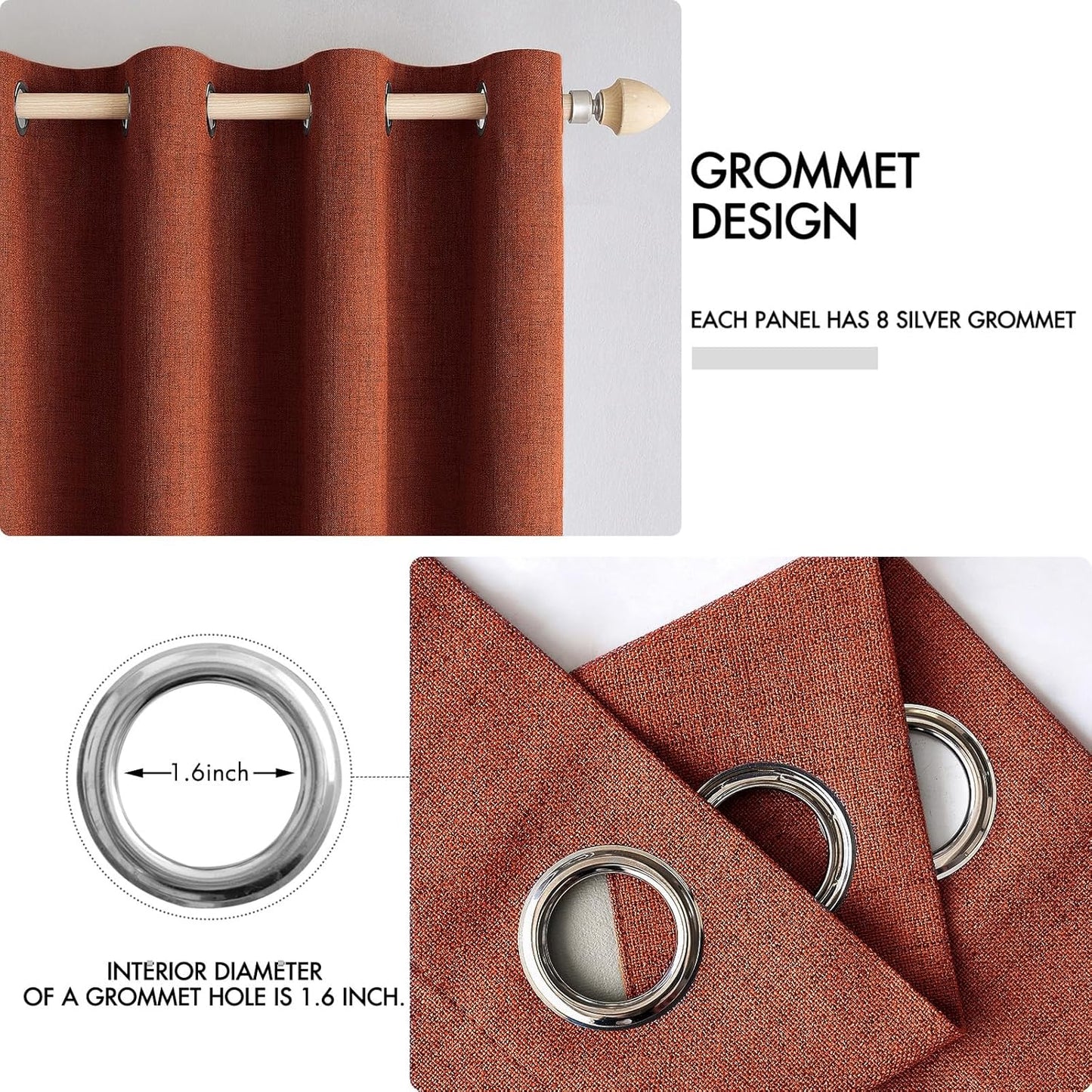 MIULEE 100% Blackout Linen Curtains - Thermal Insulated Burnt Orange Drapes | 52 x 72 Inch (2 Panels)