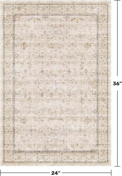 Farmhouse Bathroom Rug - Machine Washable Non-Slip 2x3 Beige Area Rug | Vintage Low Pile Design