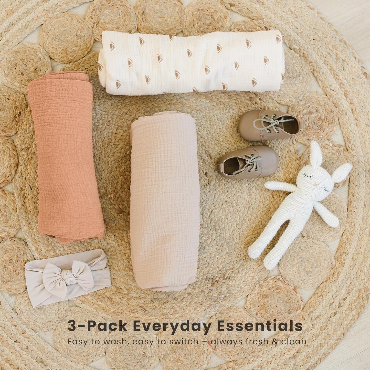Konssy Muslin Swaddle Blankets - Soft & Breathable Newborn Receiving Blankets | 3 Pack, Large 47 x 47 Inches