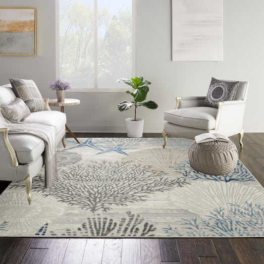 Nourison Home Pompeii Modern Ivory Grey Blue 5'3" x Square Area -Rug, Easy -Cleaning, Non Shedding, Bed Room, Living Room, Dining Room, Kitchen (5 Square)