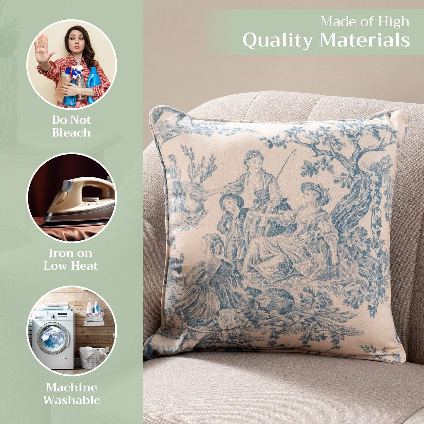 Maison d' Hermine Decorative Pillow Covers 18 x 18 inch Square 100% Cotton Toile Throw Pillow Covers with Invisible Zipper for Living Room Couch Chair Sofas Gifts for Mothers Day - The Miller - Blue