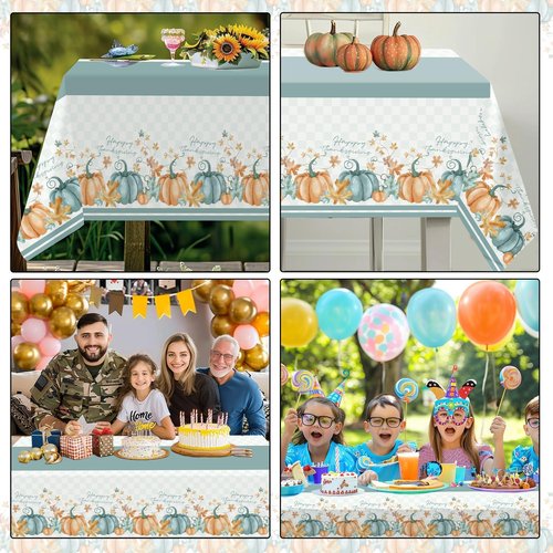 Childom 2 Pack Thanksgiving Tablecloths,Thanksgiving Decorations 54" x 108" Disposable Plastic Tablecloths,Blue Pumpkin Maple Table Covers for Rectangular Table,Home,Dinner,Party,Outdoor Picnic