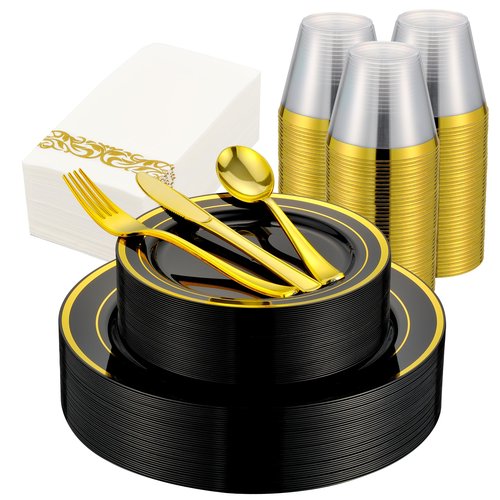 ISFANGCO 350pcs Black and Gold Dinnerware Set for 50 Guests, Graduation Plates, Black Plastic Plates with Gold Rim for Party -50 Dinne/Dessert Plates, 150 Silverware Set,50 Napkins and Cups
