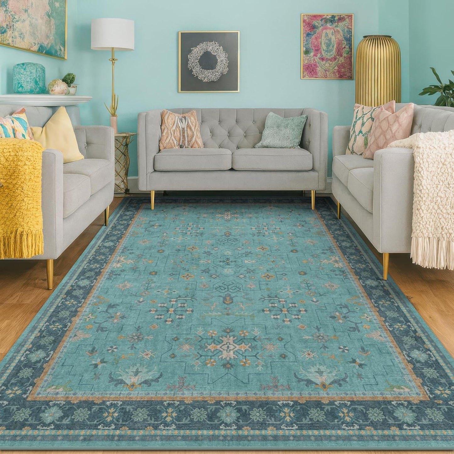 Skiennix Washable Teal Area Rug - Modern Floral Design | 5x8 Low-Pile Non-Skid Carpet for Living Room