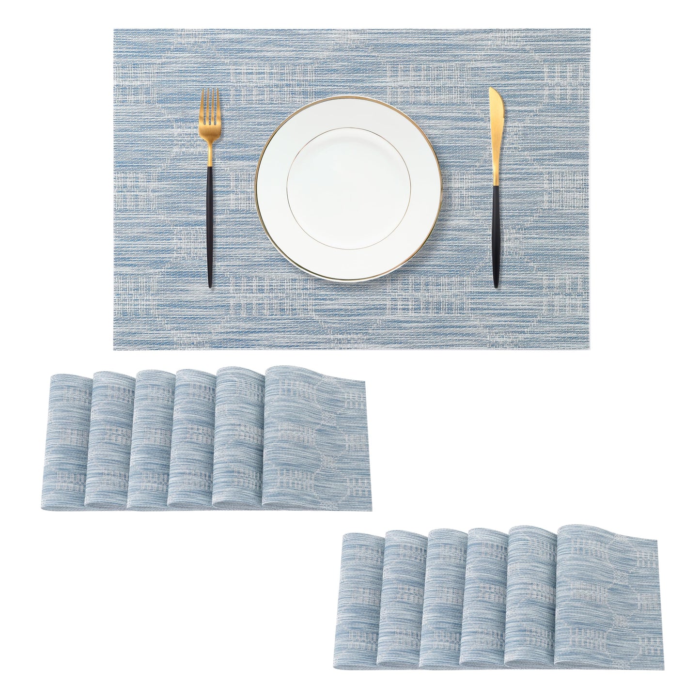 Leetaltree Jacquard Blue Placemats Set of 12 - Heat Resistant Non-Slip Place mats for Dining Table, Washable Durable PVC Vinyl Woven Table Mats（Jacquard Blue, 12）