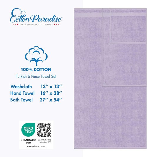 Cotton Paradise 6-Piece Towel Set - 100% Soft Absorbent Turkish Towels in Lilac | 2 Bath, 2 Hand, 2 Washcloths