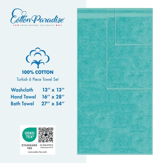 Cotton Paradise 6-Piece Towel Set - 100% Soft Absorbent Turkish Towels | Turquoise Bath Towels, Hand Towels & Washcloths