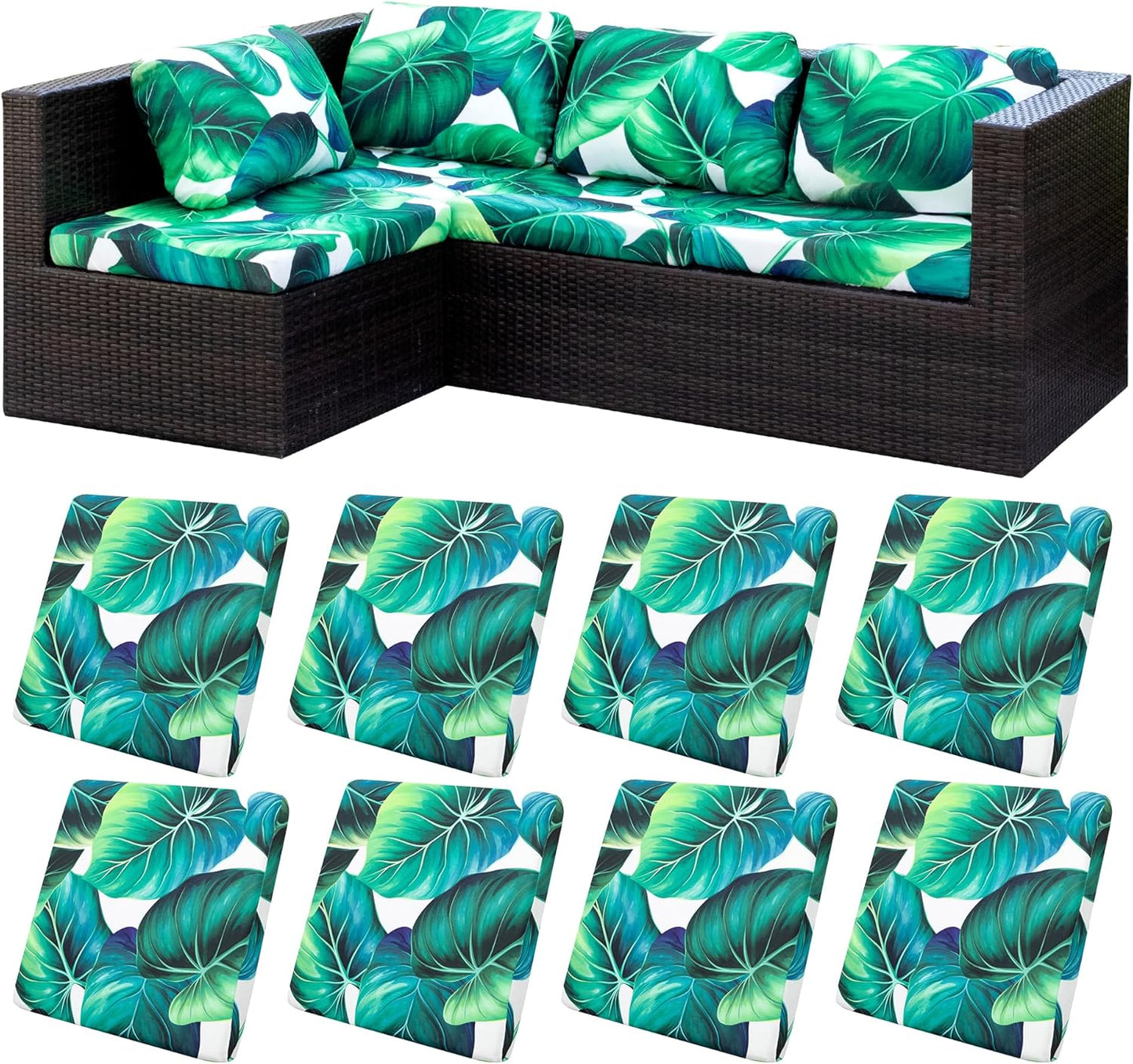 Skiennix Outdoor Couch Cushion Covers - 8 Pcs Washable & Reusable Green Leaf Slipcovers | Patio Furniture Protection