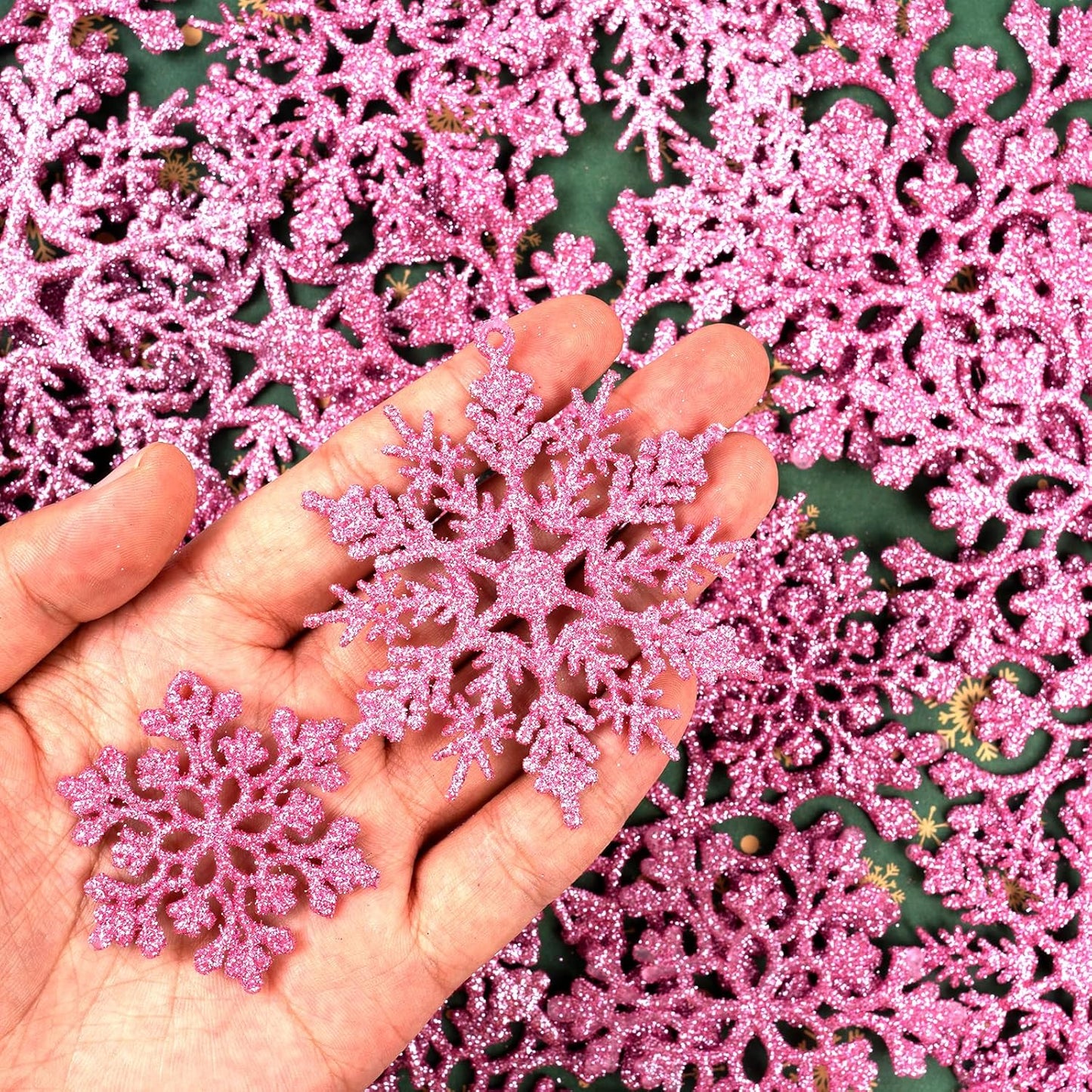 Skiennix 36pcs Christmas Light Pink Snowflake Ornaments - Glittery Plastic Decorations for Winter Trees