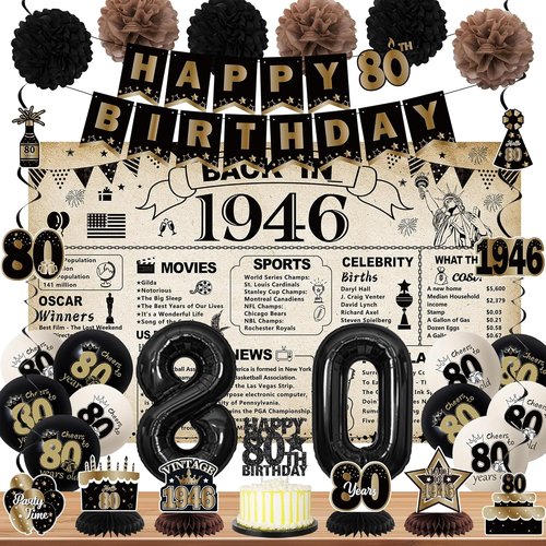 DARUNAXY 80th Birthday Party Decorations - Vintage 1946 Banner, Black Balloons & Cake Topper | 30PC Set