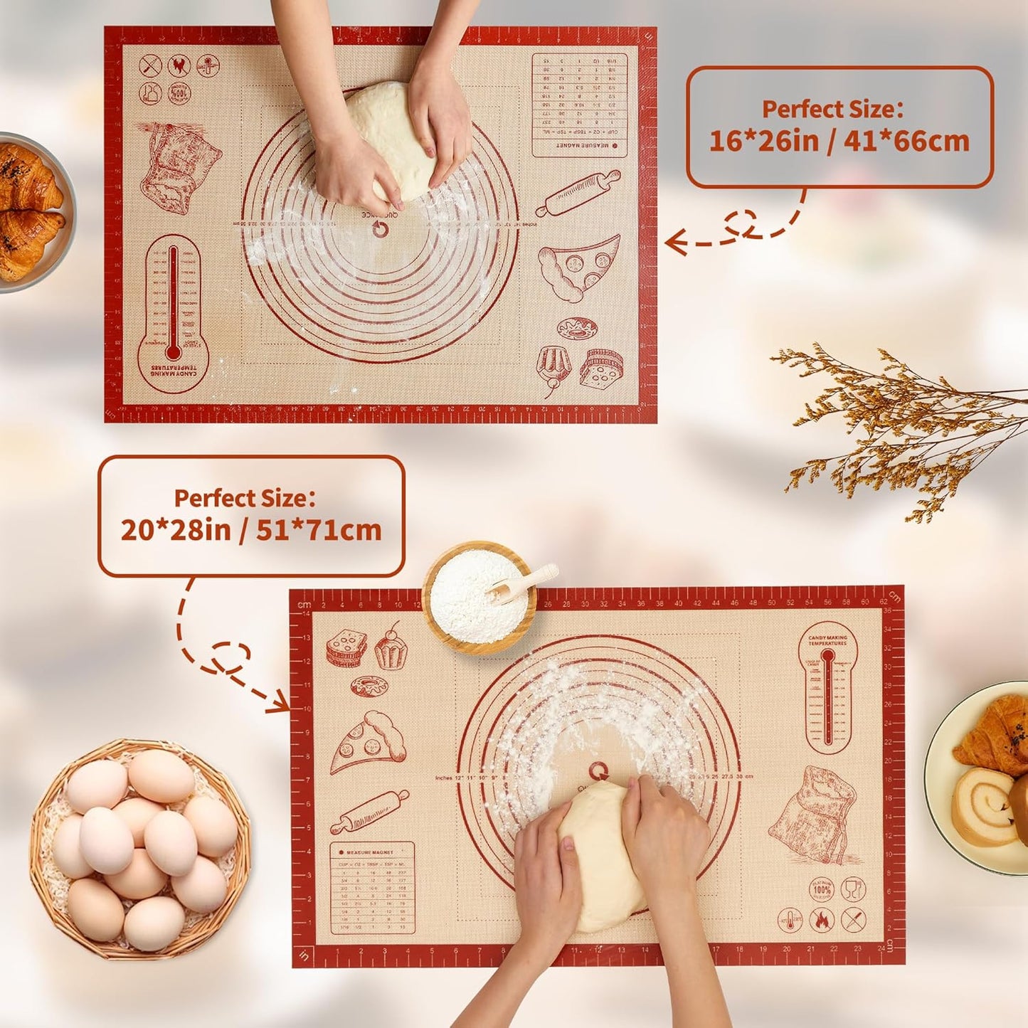 Skiennix Silicone Baking Pastry Dough Mat - Extra Large 26x16 Inch Nonstick Kneading Board | Thick & Reusable for Cookies, Bread, and Pizza