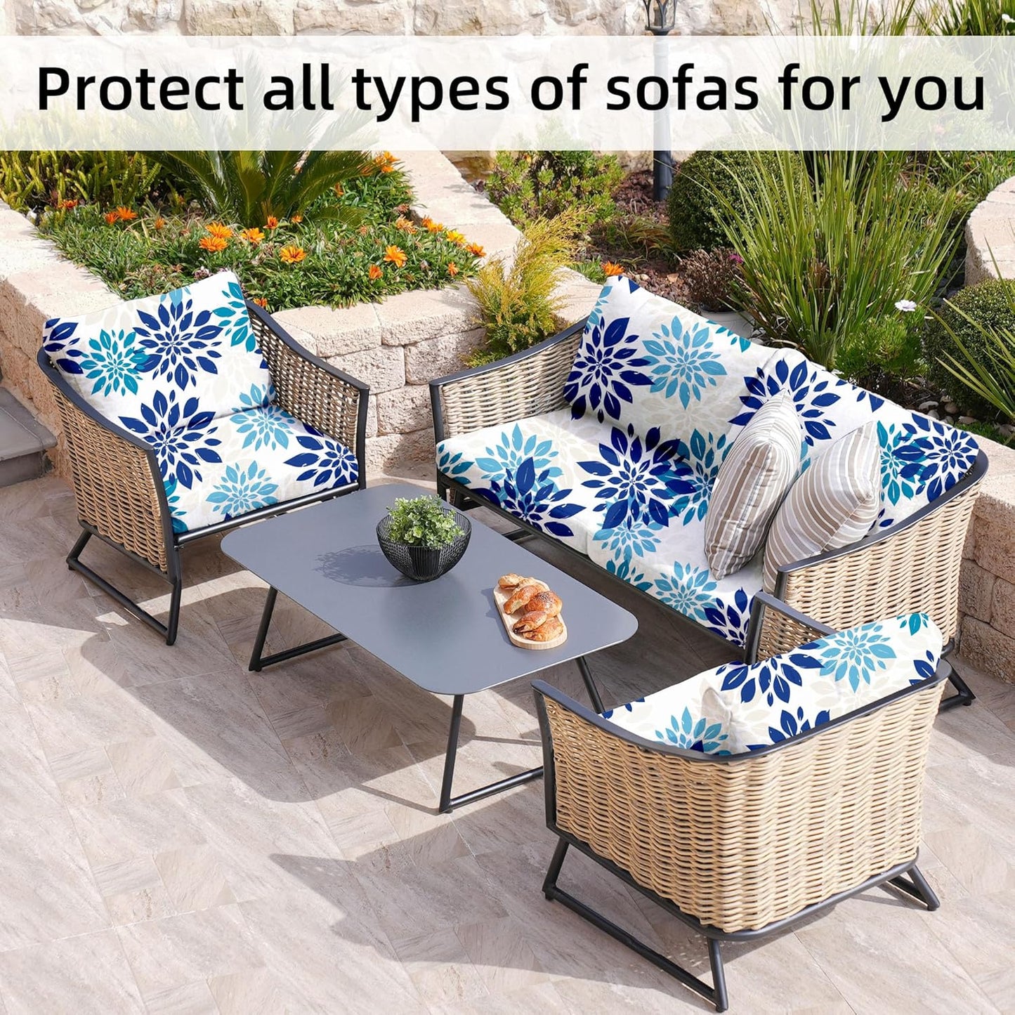 Skiennix 8-Piece Stretch Patio Cushion Covers - Washable Outdoor Sofa Slipcovers in Blue Flower Design
