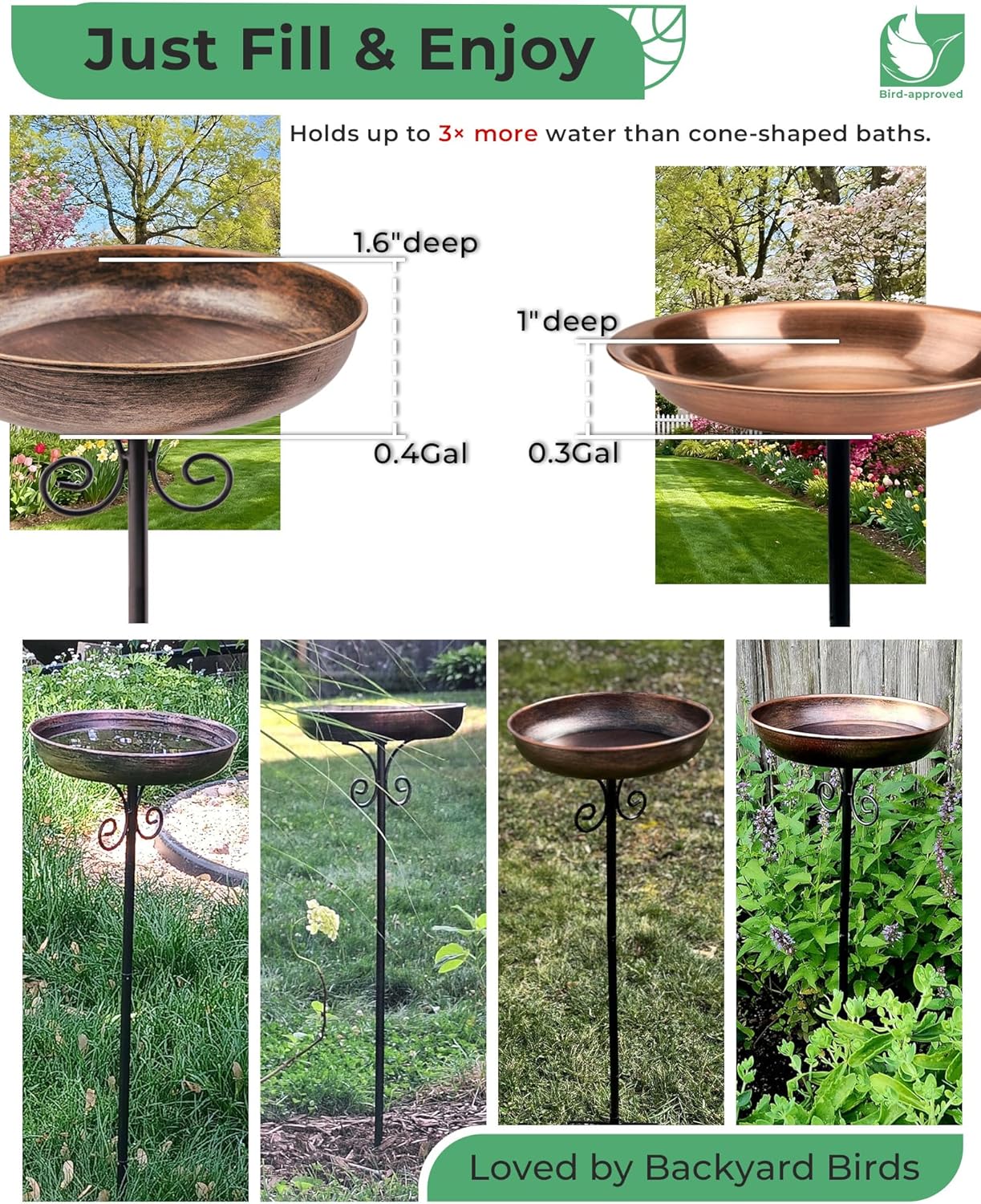 Small Metal Bird Bath - 10" Dia Bowl with Stake | Outdoor Garden Yard Decor, 0.4 Gallon