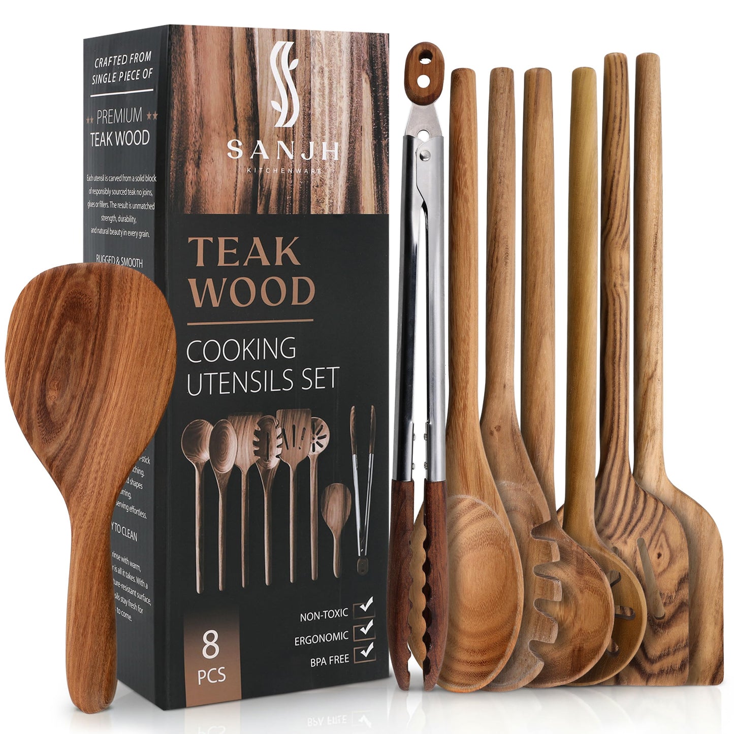 8 Piece Teak Wooden Cooking Spoons Set – Wooden Utensil Set with Spatula Scraper Pasta Spoon Rice Paddle Tongs for Everyday Cooking, Smooth Sanded Finish, Comfortable Grip Handles, Gentle on Cookware