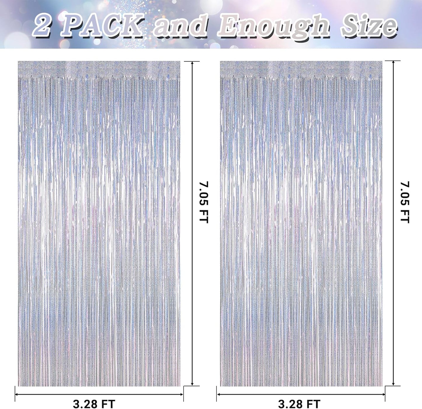 Skiennix Silver Metallic Tinsel Foil Curtains - 2 Pack Glitter Fringe Backdrop | 3.28 FT x 7.05 FT for Parties