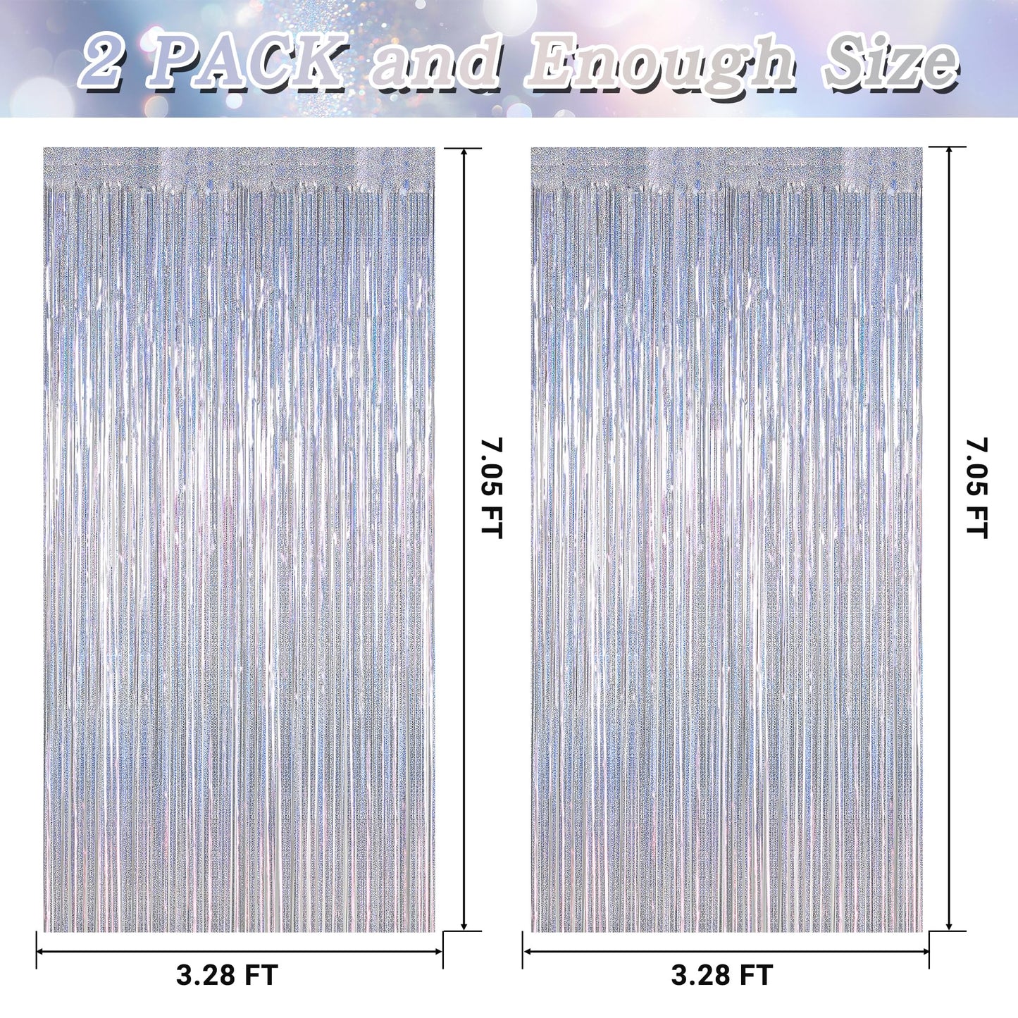 2 Pack Silver Metallic Tinsel Foil Curtains, 3.28 FT x 7.05 FT Glitter Silver Fringe Curtains, New Year Door Streamer Tinsel Backdrop Photo Booth for NYE Party Birthday Engagement Party Decorations