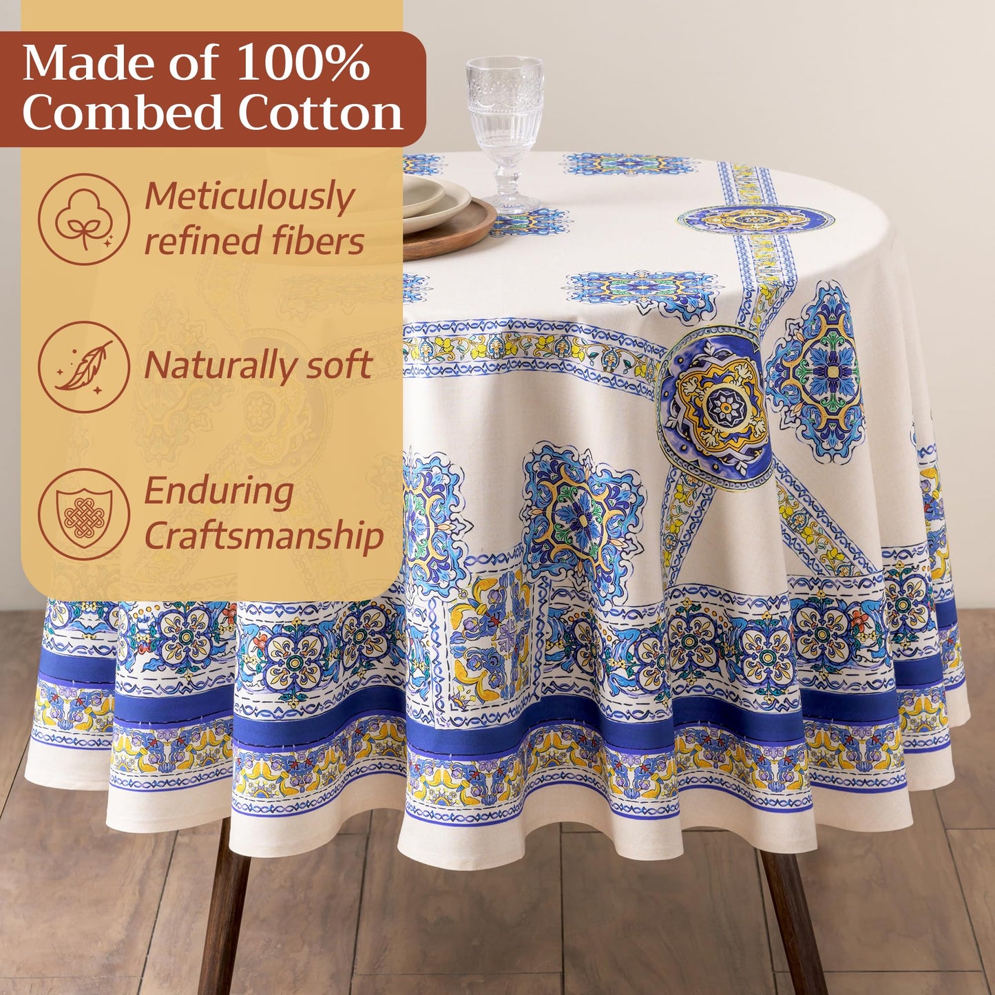 Maison d'Hermine Premium Table Cloth Round Table 100% Cotton 70 Inches Tablecloth Reusable Decorative Everyday Use for Dining Room, Farmhouse, Home, Party, Festive & Wedding - Sciacca