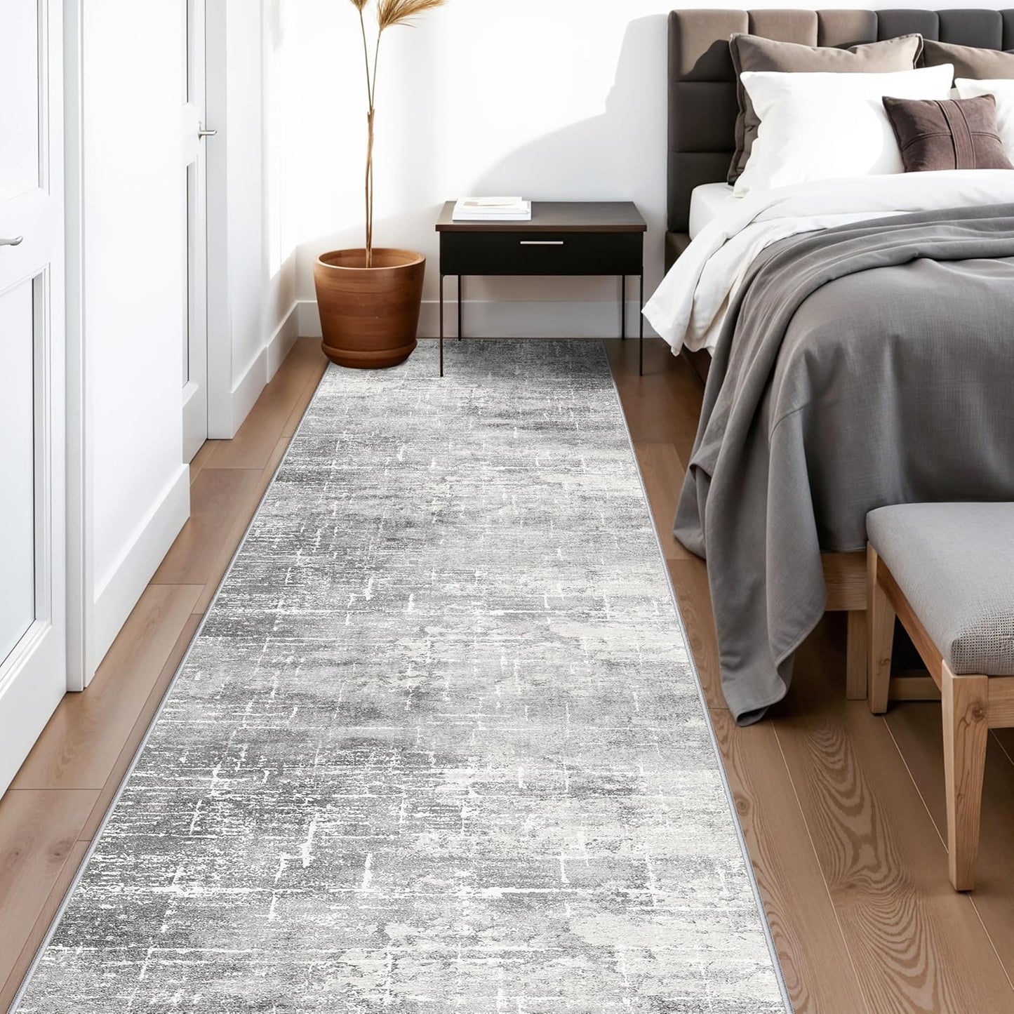 Skiennix Abstract Kitchen Area Rug - Washable Non-Slip Long Hallway Mat | Soft Stain-Resistant 2'6"x14" in Light Grey