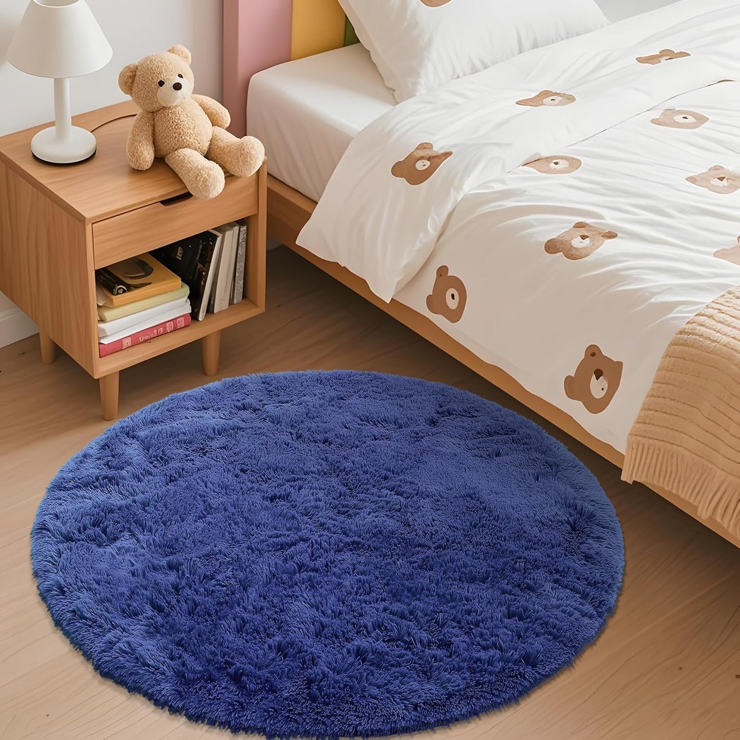 OLANLY Navy Blue Round Area Rug - Soft, Fluffy, Machine Washable 3 ft Circle Carpet for Bedroom & Living Room Decor