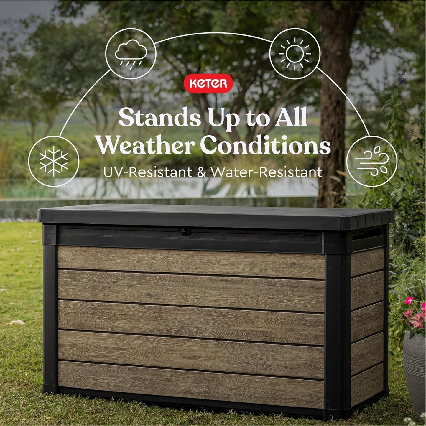 Keter Ashwood 100 Gallon Resin Deck Box - Outdoor Storage for Patio Furniture & Garden Tools | Brown