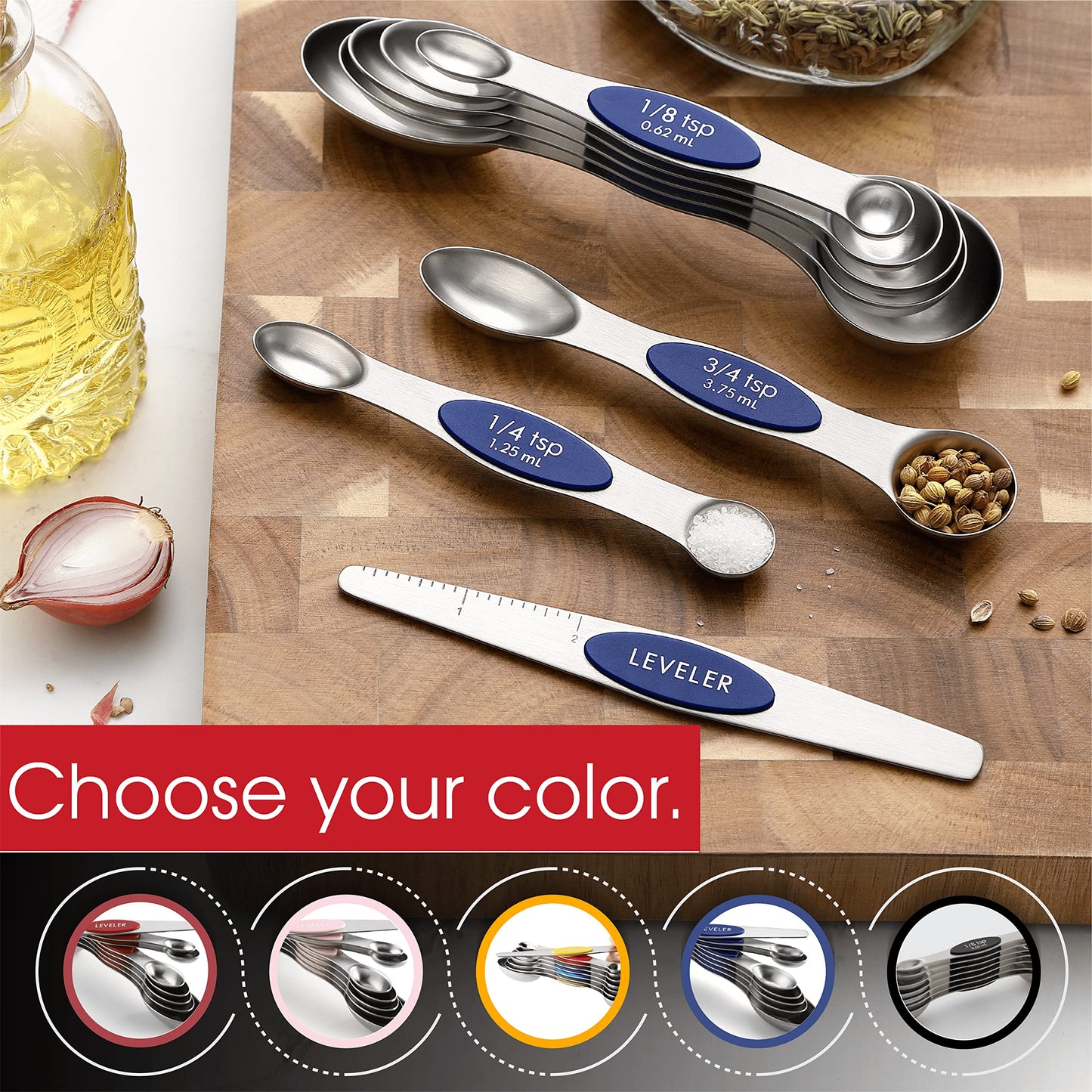 Spring Chef Magnetic Measuring Spoons Set, Dual Sided, Stainless Steel, Fits in Spice Jars, Sapphire, Set of 8, 2 Pack