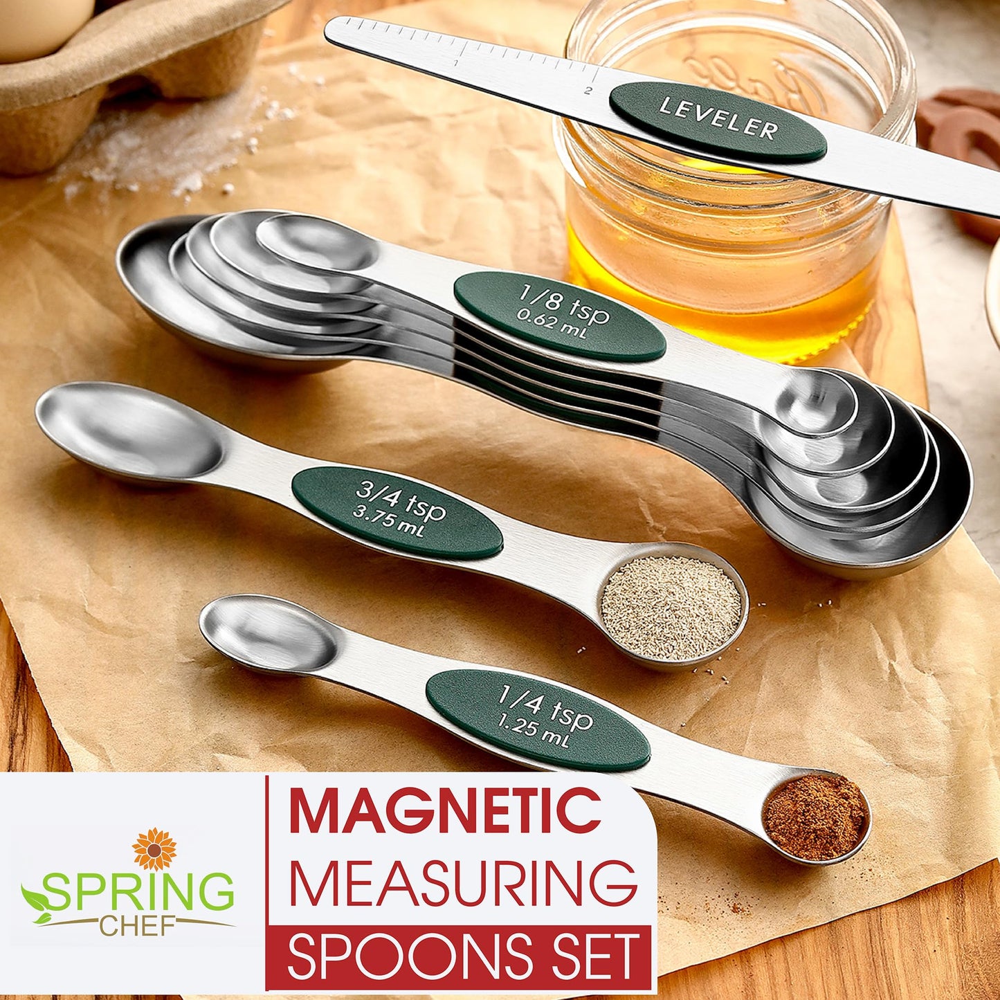 Spring Chef Stainless Steel Magnetic Measuring Spoons Set of 8 with Leveler, Stackable Magnetic Teaspoon & Tablespoon Set, Metal Kitchen Gadgets for Baking & Cooking, Fits in Spice Jars - Pine Green