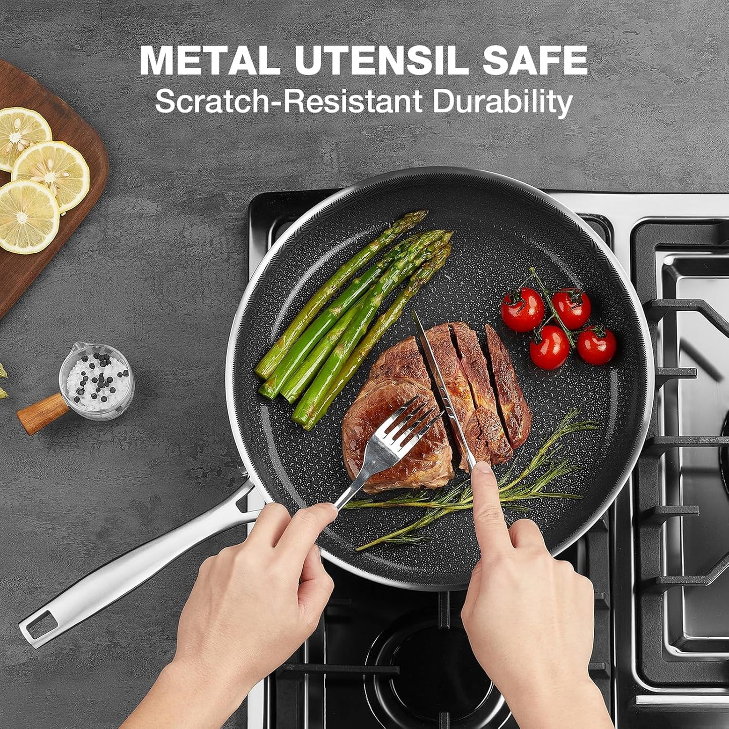 PekGema Hybrid Nonstick Frying Pan - 10-Inch 5-Ply Stainless Steel Skillet | PFAS-Free, Oven-Safe 500°F
