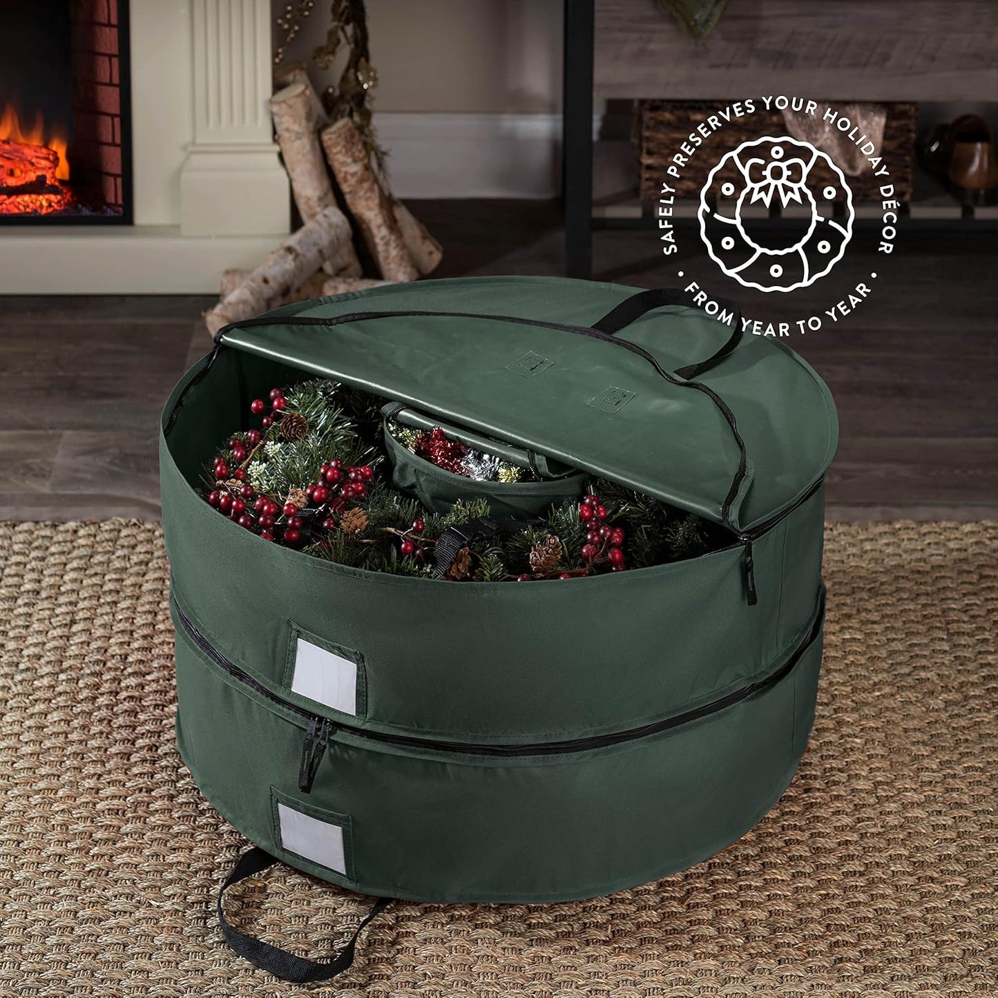 ZOBER Christmas Wreath Storage Bag - 36 Inch Capacity for 2 Wreaths | Durable 600D Oxford Fabric - Green