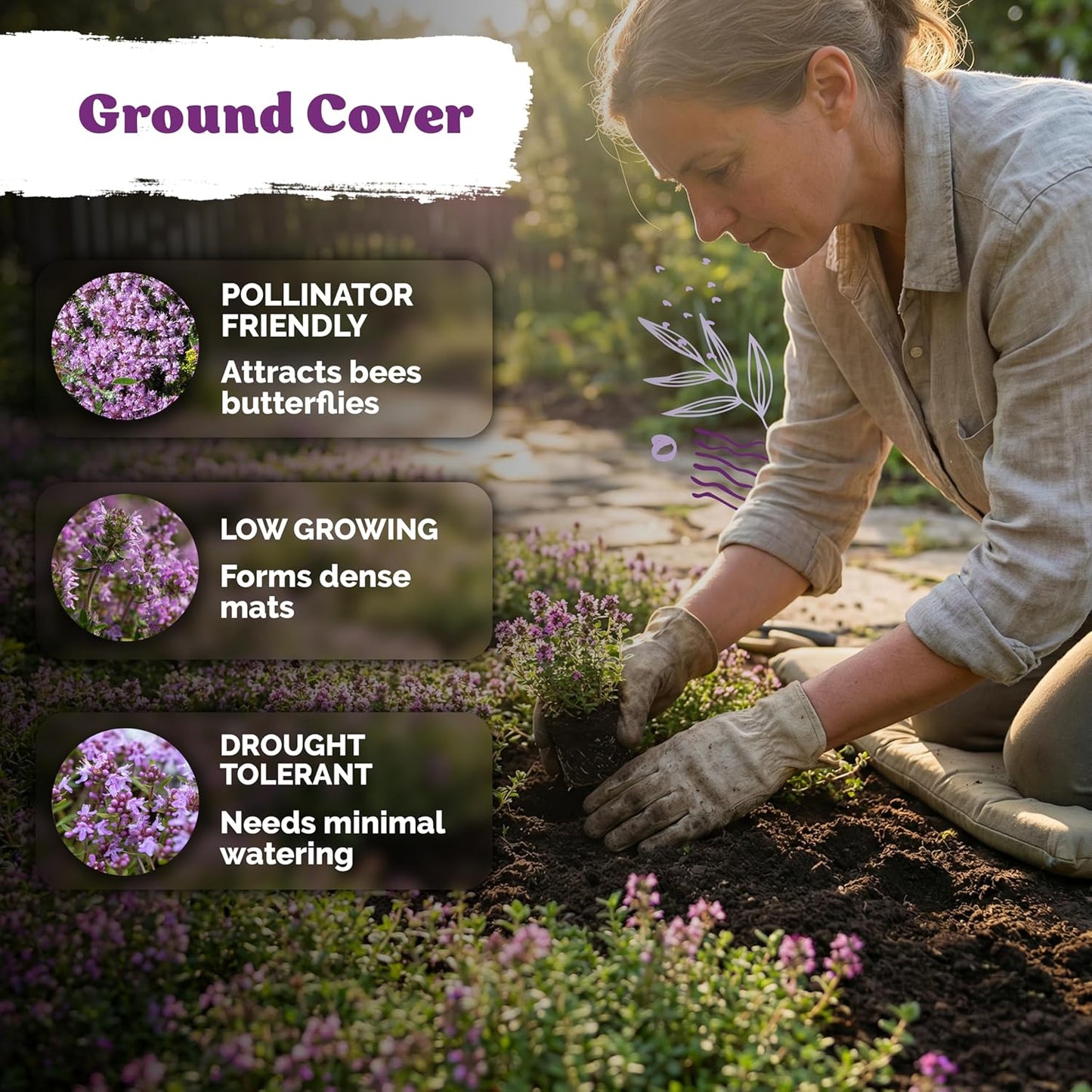 KVITER 20,000 Creeping Thyme Seeds - Aromatic Ground Cover & Purple Perennial Flower Seeds for Gardens