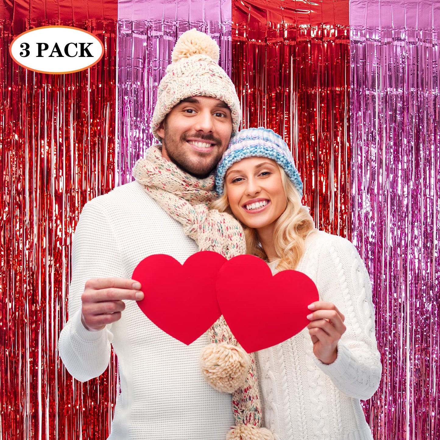 LOLStar 3 Pack Valentines Foil Fringe Curtains Valentine's Day Party Decorations 3.3X6.6 ft Red Pink Tinsel Metallic Photo Booth Props Backdrop Streamers for Valentine's Day Decor Birthday Wedding