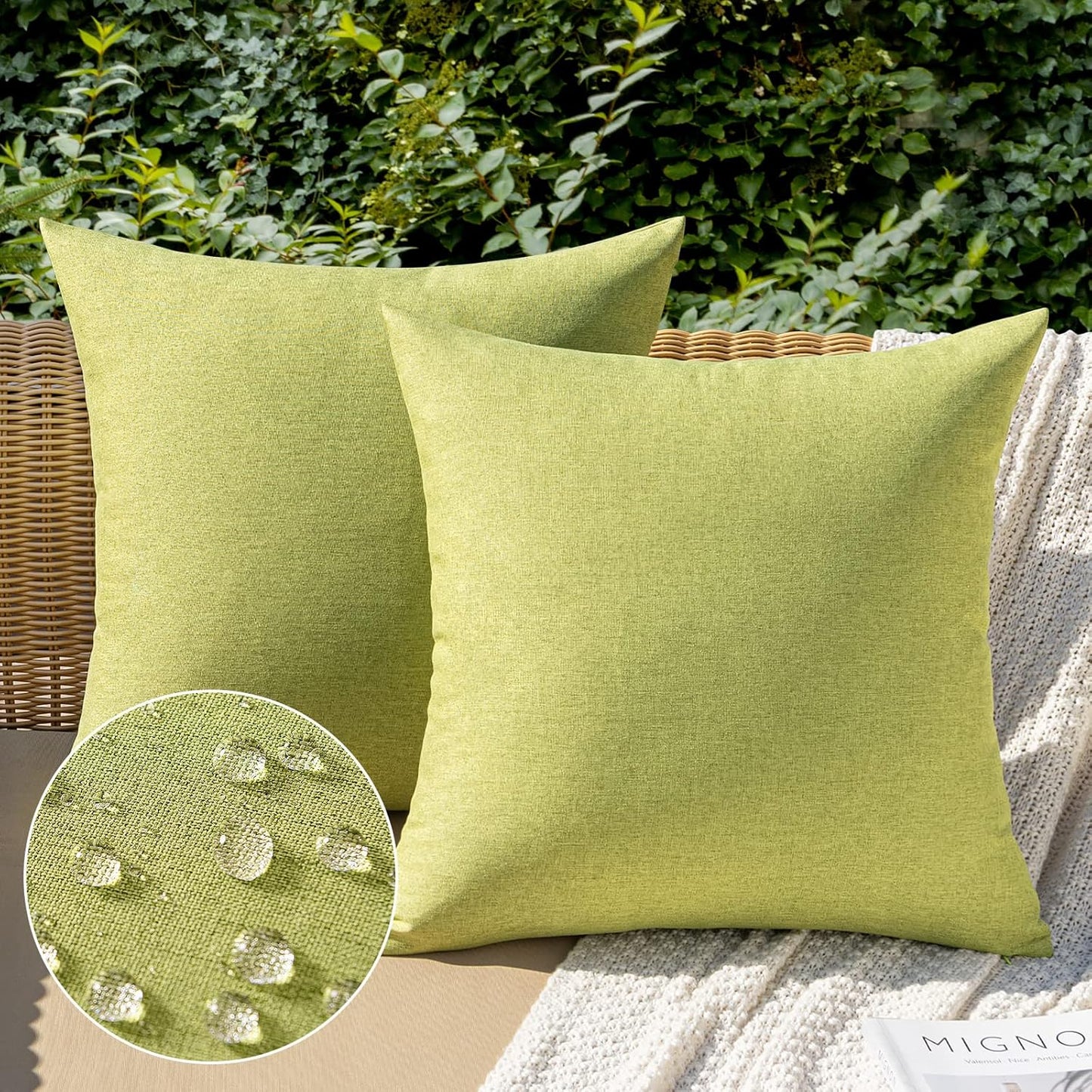 MIULEE Decorative Outdoor Throw Pillow Covers - Waterproof Faux Linen Cushion Cases | 16x16 Inch Moss Green (Pack of 2)