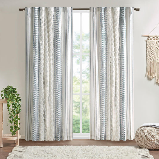 Ink+Ivy Boho Curtain for Bedroom Single Panel Window Curtain for Living Room, 100% Cotton Tufted Chenille Stripe Modern Farmhouse Curtain Light Filtering Drape for Bedroom, 50" x 95", Ivory/Navy