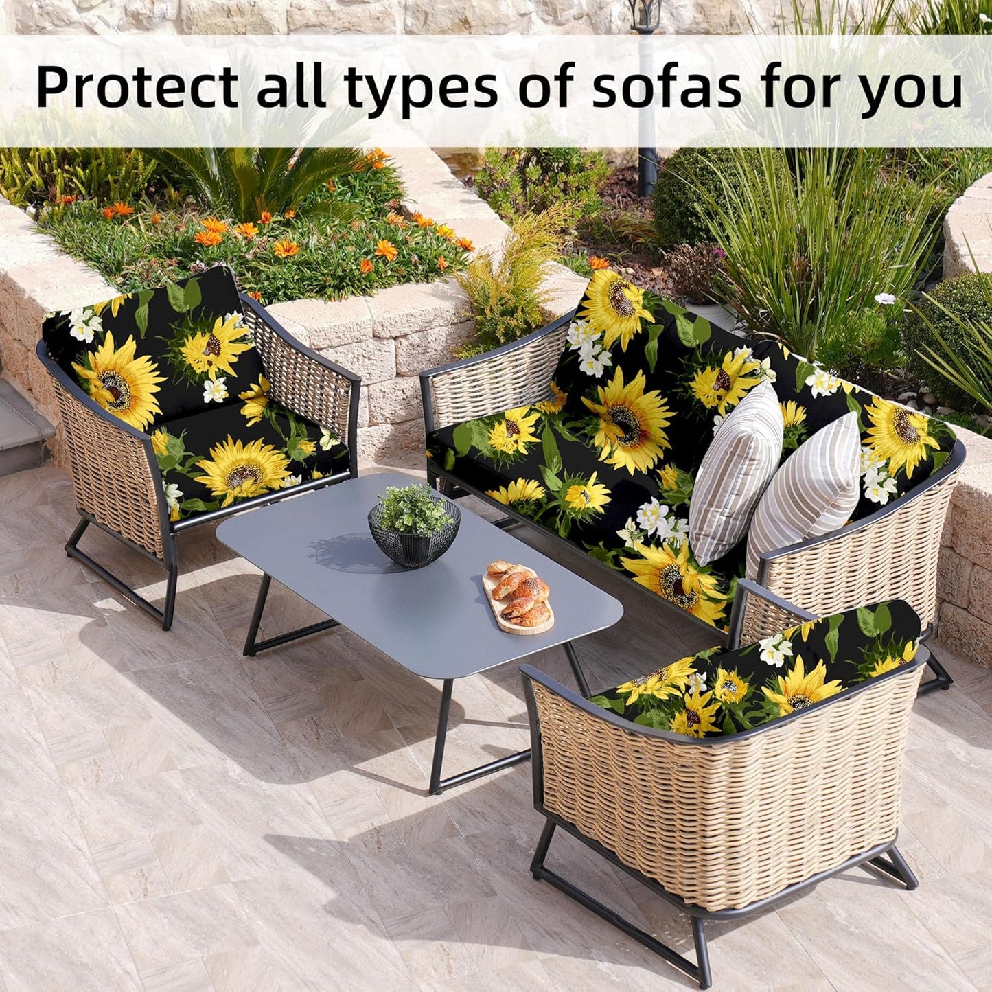 Skiennix 8-Piece Stretch Patio Cushion Covers - Washable Outdoor Sofa Slipcovers | Sunflower Design