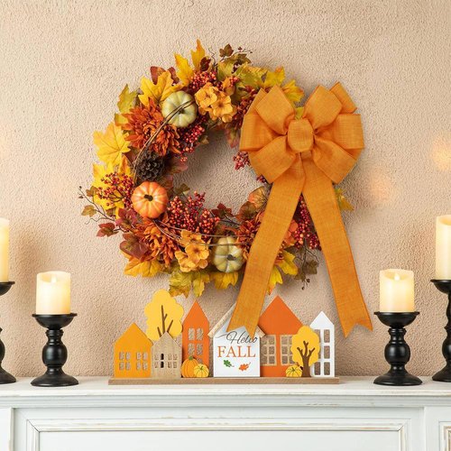 Autumn Wreath Bow - Orange Decorative Bow for Fall Harvest & Thanksgiving Decor | 10"x22"