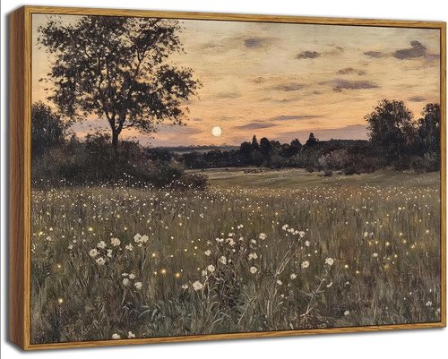 Framed Vintage Farmhouse Canvas Wall Art - Rustic Wildflower Field Landscape Painting | 16x24