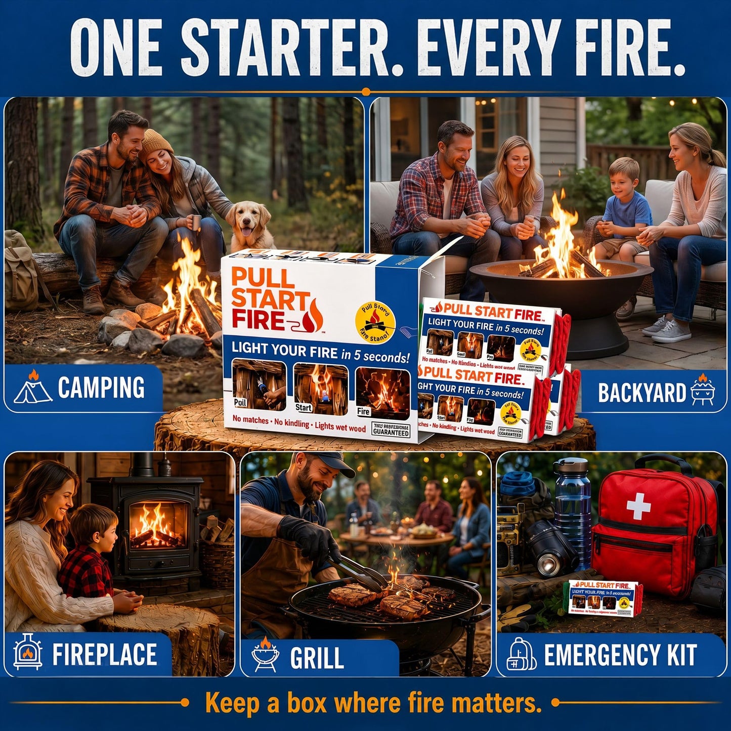 Pull Start Fire Pull String Fire Starter - No Matches Required, Lights Wet Wood, Chimney Starter, Food Safe Firestarter Brick for Campfire Grill, BBQ, Fireplace, Firepit, Burns 30 Minutes - 12 Count